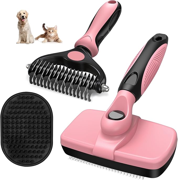 3PCS Self Cleaning Slicker Brush & Pet Grooming Rake & Bath Brush for Dogs,Cats and Horses | Double-Sided Dematting Comb & Skin Friendly Deshedding Grooming Tool | Pet Supplies (Light Pink Black)