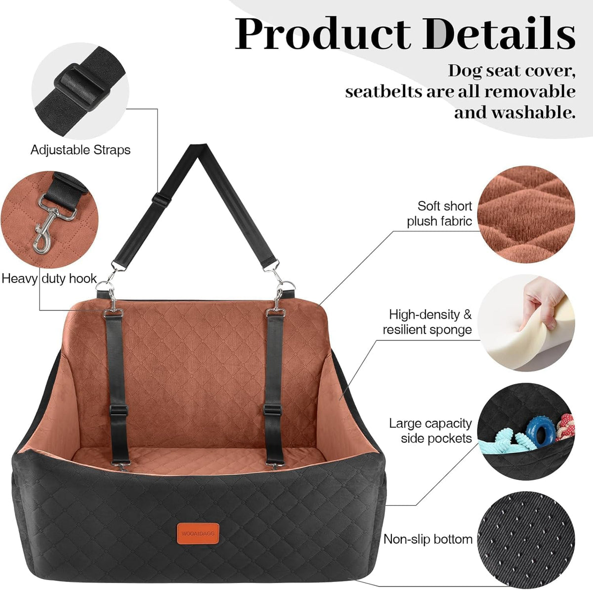 Dog Car Seat for Medium & Large Dogs Up to 55lbs, Memory Foam Cushion, Washable Cover, Safety Straps & Non-Slip Bottom(Black/Brown,Large)