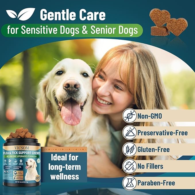 Flea and Tick Prevention for Dogs Chewable, 200 Soft Treats Natural Oral Dog Flea and Tick Treatment Chews Support Dog Skin & Digestive Supplement for Dogs Puppies All Breeds & Ages, Beef Flavor