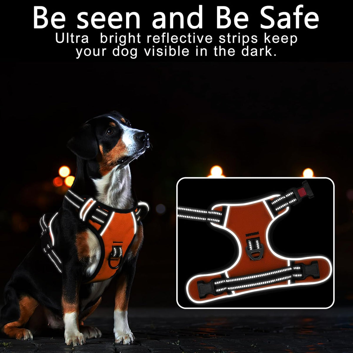 Timos Dog Harness Large Sized, No Pull with Neck Lockable Snap,No Choke Front Clip Dog Reflective Harness,Adjustable Metal Rings 3 Buckles,Easy Control Handle for Large Dogs Orange XL