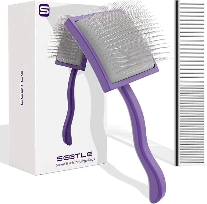 Slicker Brush for Long Haired Dog, Long Bristle Dog Brush, Professional Grooming Tool for Poodle, Goldendoodles, Labradoodles, Easy to Remove Loose Fur, Tangles, Mats, Fluff, Purple