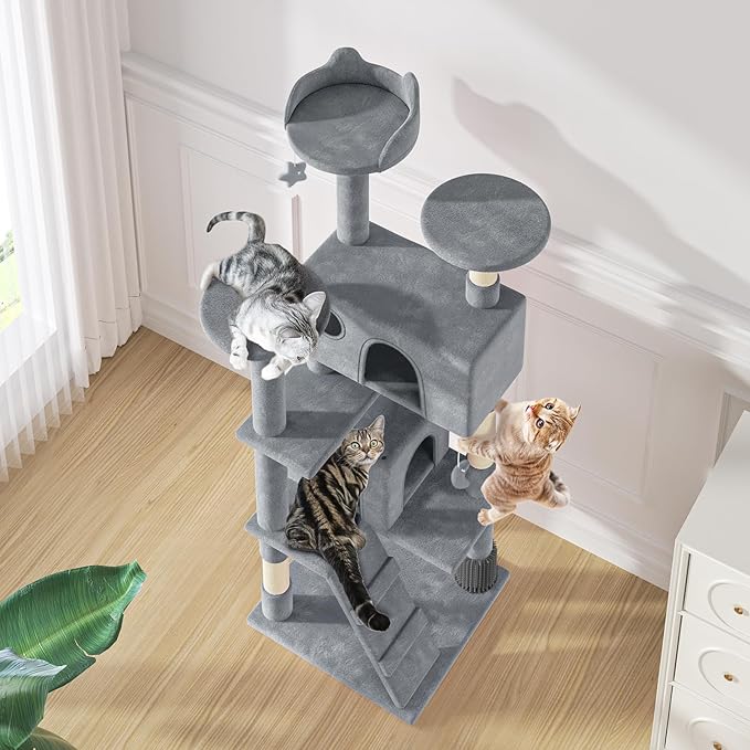 MoNiBloom 60 Inch Cat Tree Tower for Indoor Cats Large Adults, Cat Tower with Scratching Post, Multi-Level Furniture Activity Center with Cat Condo Pet Play House, Light Grey