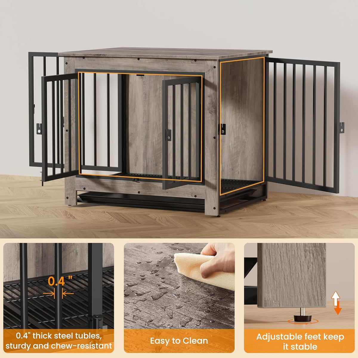 Dog Crate Furniture, Dog Crate End Table for Small and Medium Dogs,Wooden Cage Kennel Furniture Indoor, Modern Dog Crate with Multi-Purpose Removable Tray, Double-Doors Dog Furniture, Greige