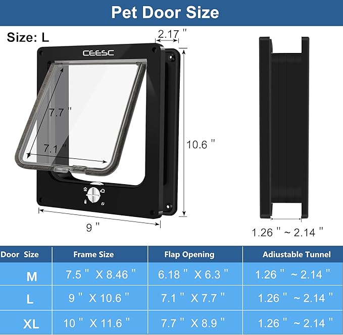 CEESC Large Cat Door for Interior/Exterior Door, Weatherproof, Black, Rotary 4 Way Locking Pet Door for Cats & Dogs with Circumference < 23.62", Upgraded Version