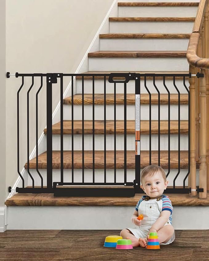 Mom's Choice-GROWNSY Baby Gate for Stairs, 30.5"-48.4" Pressure Mounted Baby Gate for Top of Stair&Doorway with Y-Spindle Rods, Anti-Trip Pedal, Wide Stairs Dog Gate Easy Install w/Red Reminder,Black