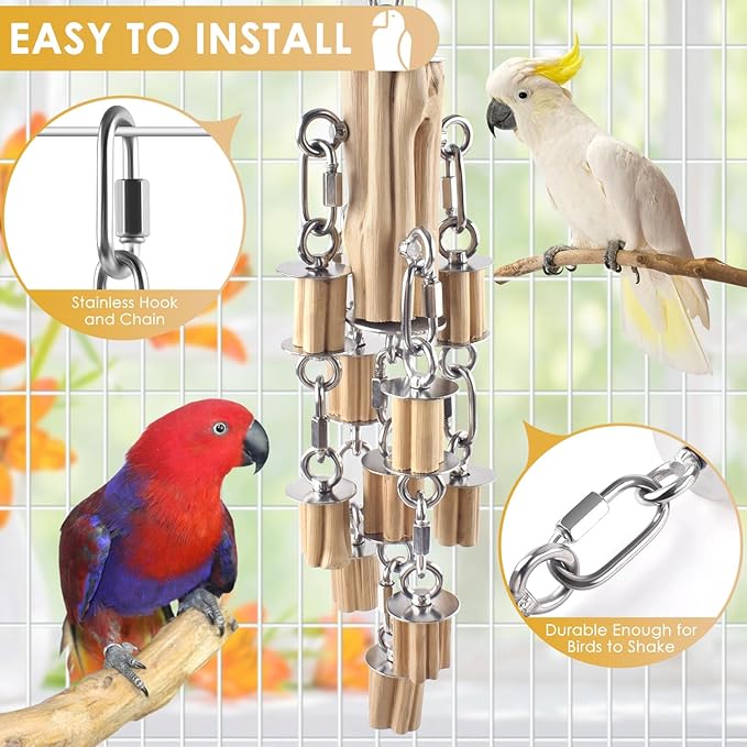 KATUMO Parrot Toys for Large Birds with Detachable Parts, 304 Stainless Steel and Natural Hardwood Chew Toy for Macaw, Cockatoo, African Greys, Medium to Large Parrots, Safe and Durable
