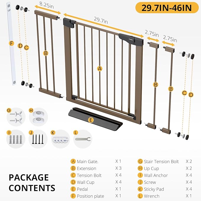 Cumbor 29.7-46" Baby Gate for Stairs, Mom's Choice Awards Winner-Auto Close Dog Gate for the House, Easy Install Pressure Mounted Pet Gates for Doorways, Easy Walk Thru Wide Safety Gate for Dog, Brown