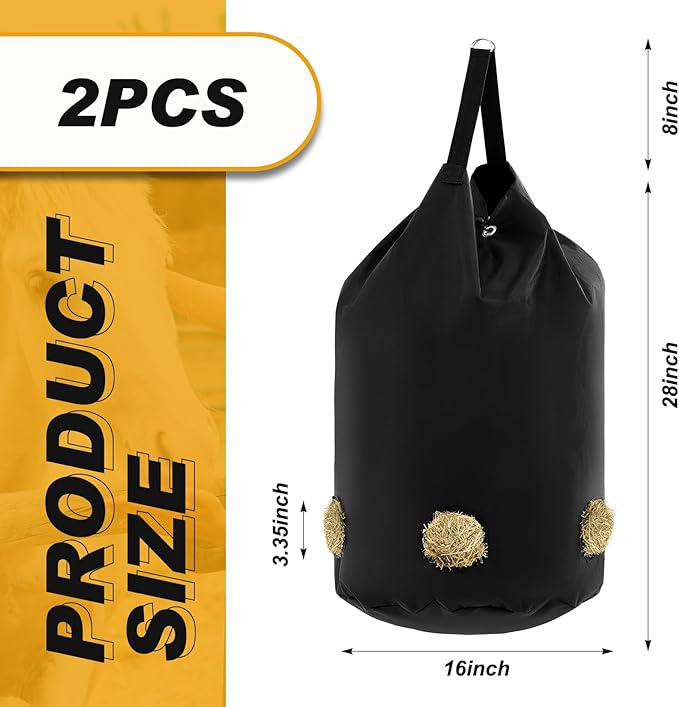 2 Pcs hay Bags for Horses Goats Slow Feed 1680D Oxford Bag Black Large Capacity Net Open Feed Hole Hay Holder for Horse Goats Sheep(5 Holes)