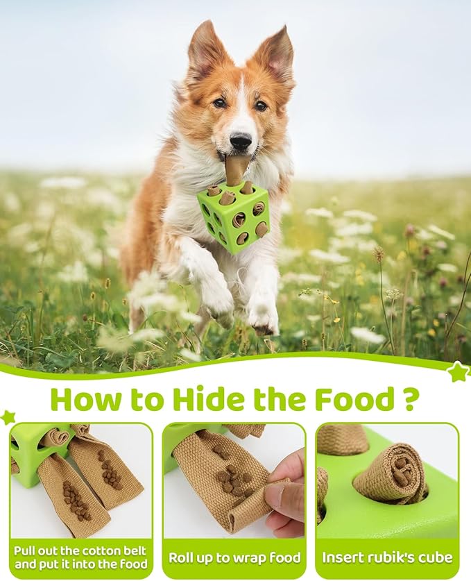 Interactive Puzzle Dog Toy Encourage Natural Foraging Skill, Durable Dog Enrichment Toy Snuffle Cube Cloth Strip with Hide & Seek Food, Slow Feeder for Mind Stimulate & Stress Relief (Green)