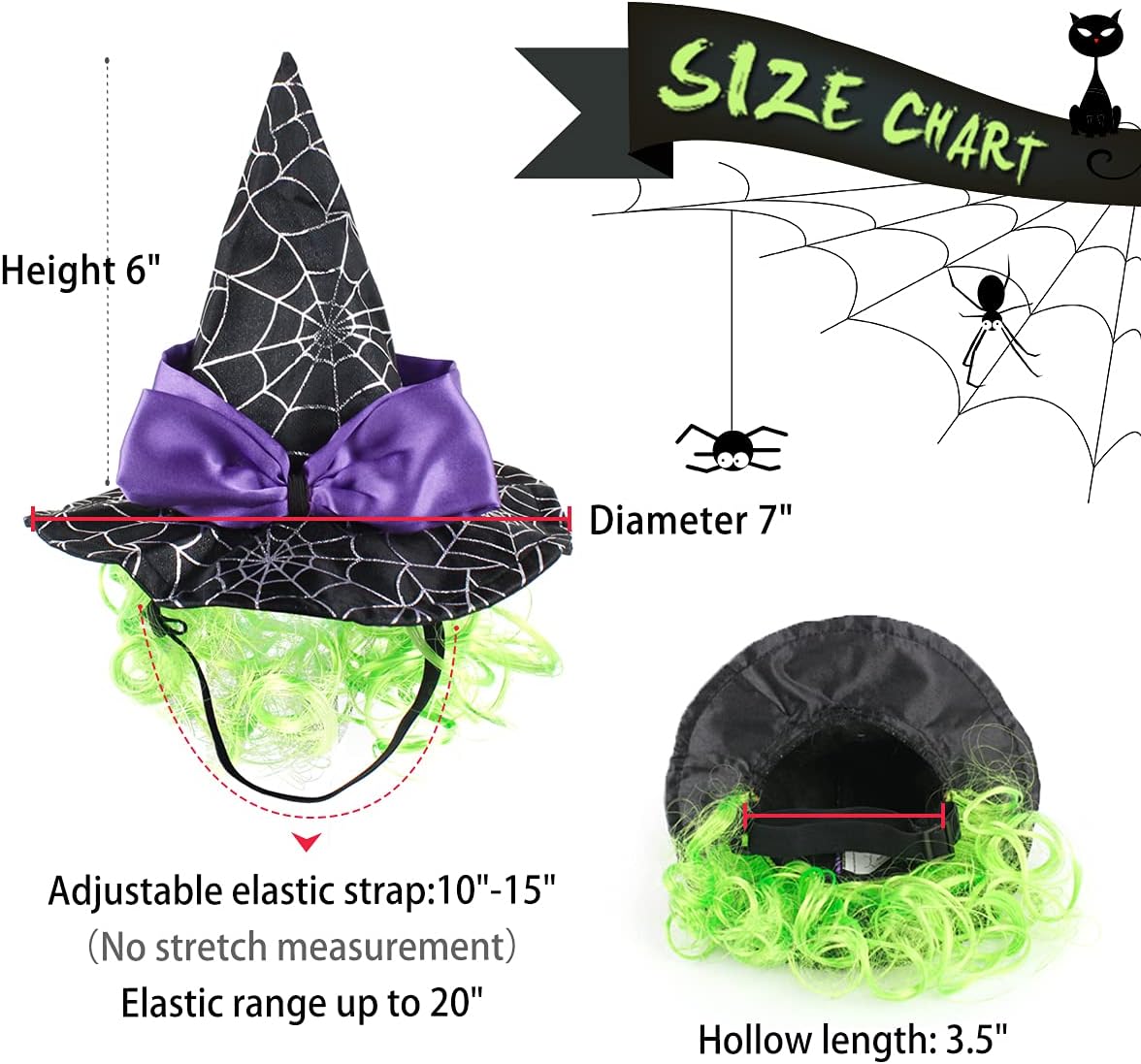 Enjoying Pet Halloween Costumes for Cats Small Dogs, Cat Witch Hat with Funny Wig, Adjustable Doggie Witch Hat Outfit, Kitten Halloween Sorcery Hat Cosplay