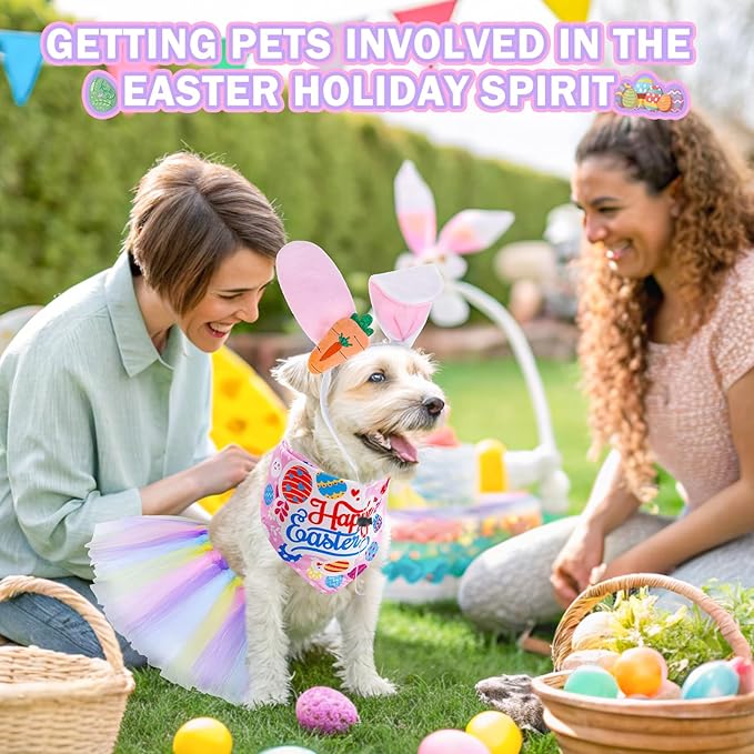 SCENEREAL Easter Dog Bandana Outfit with Cute Bunny Ears Headband and Tutu Dress, Puppy Holiday Costume Accessory, Pink Eggs Rabbit Prints Scarf Pet Birthday Party Supplies for Small Medium Dogs Cats