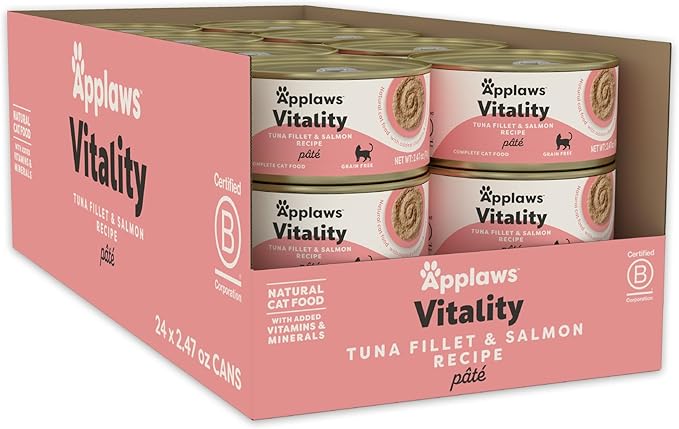 Applaws Vitality Wet Cat Food Paté, Natural Cat Food with Added Vitamins & Minerals, Grain-Free, Carrageenan Free, Tuna Fillet and Salmon Recipe (24 Count, 2.47 oz Cans)