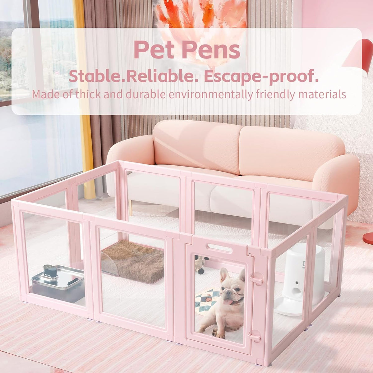 DIY Clear Acrylic Dog Playpen House,Quick Easy Assembly and Disassembly,Strong Floor Suction,Indoor and Outdoor Use,Easy Cleansing Puppy Fence (Skin Pink, 23.6" H, 12PCS)