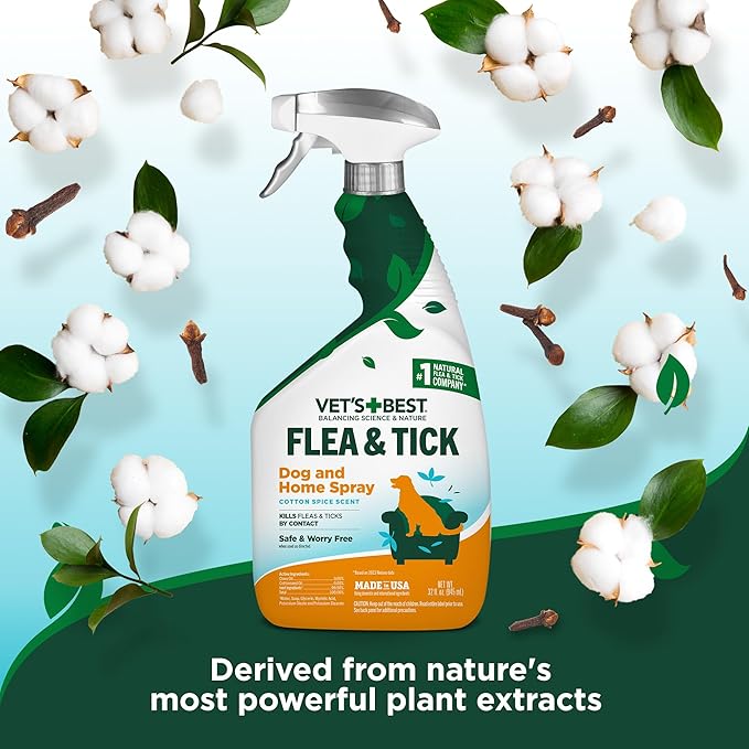 Vet's Best Natural Indoor Flea and Tick Spray – Dog Flea and Tick Treatment for Home, Plant-Based Formula with Natural Oils, Kills Fleas, Eggs & Ticks on Contact, USA Made, Cotton Spice, 32 oz, 2-Pack