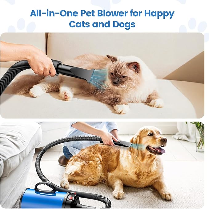 Dog Dryer, 5.2HP/3800W High Velocity Dog Hair Dryer with 4 Nozzles, Stepless Adjustable Speed & Temperature Control, Low Noise Professional Dog Grooming Dryer (Blue)