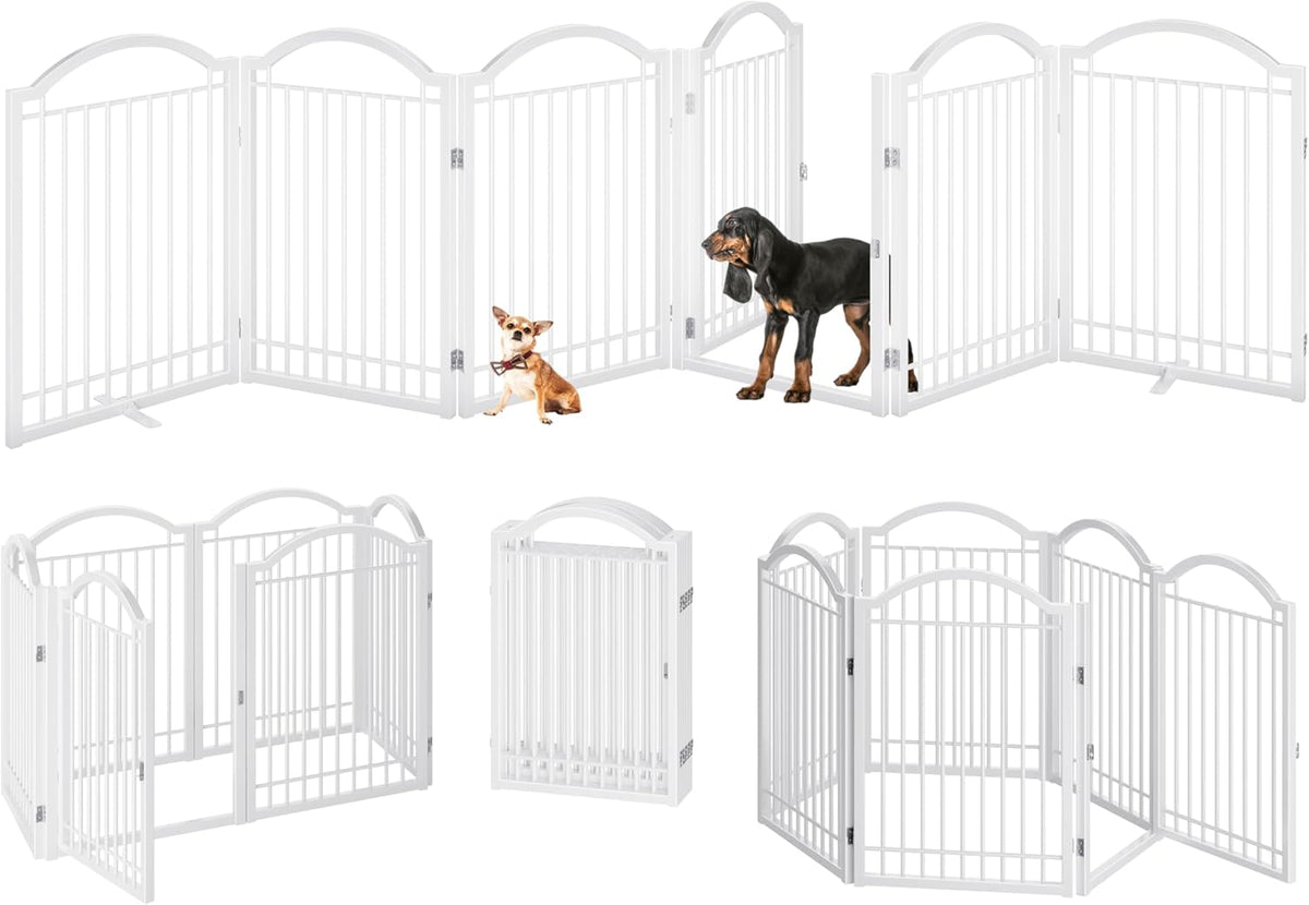 BHG Metal No-Assembly Freestanding Dog Gate with Door Walk Through, Extra Wide 144", Extra Tall 32" Pet Gate, Accordion Puppy Folding Playpen Dog Fence, with 2PCS Support (White, 6 panesl)