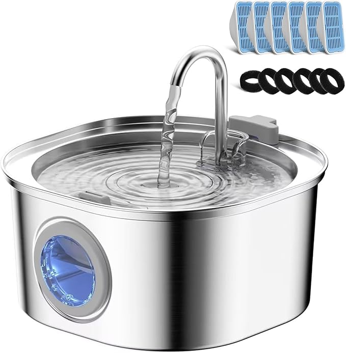 PEKTACO Cat Water Fountain, Pet Water Fountain for Cats/Dogs Indoor, Stainless Steel Cat Drinking Fountains with Water Level Window and 6 Filters + 6 Sponges(3.2L/108oz)