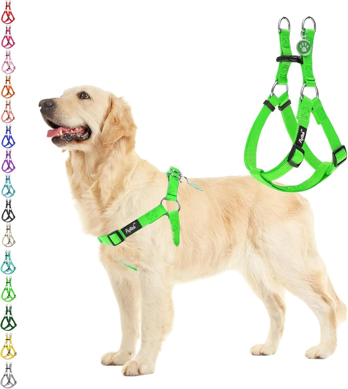 PUPTECK No Pull Dog Harness Soft Adjustable Basic Nylon Step in Puppy Vest Outdoor Walking with ID Tag, Green, L