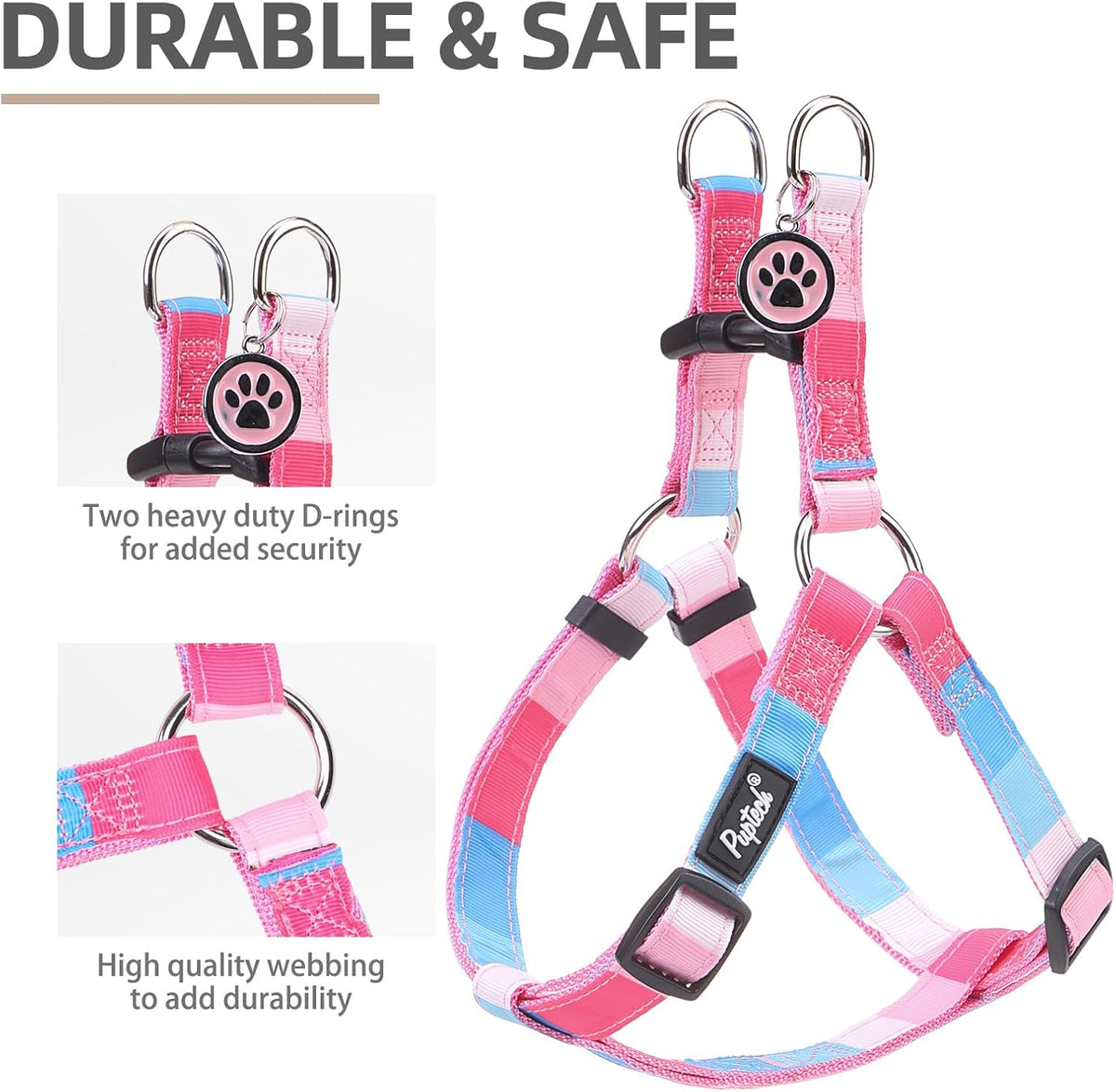 PUPTECK No Pull Dog Harness Soft Adjustable Basic Nylon Step in Puppy Vest Outdoor Walking with ID Tag, Striped Pink, M