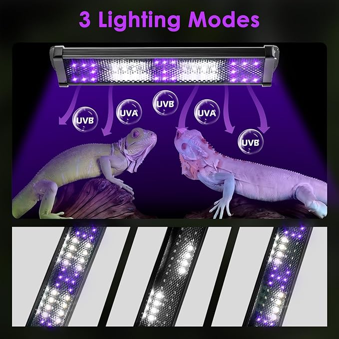 MIXJOY 11-Inch Dimming LED UVA UVB Light for Reptiles, UVB 20.0/UVB 10.0 15W LED Reptile UVB Light for Tropical & Desert Reptile with 3 Light Modes Option 6-Level Dimming 24-Hour Cycle Timer