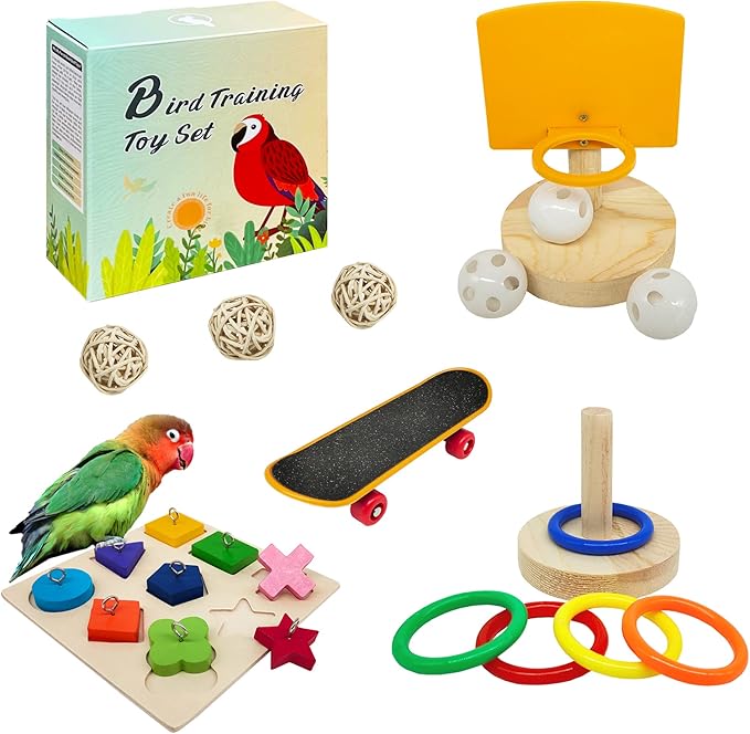 Bird Toys for Parakeets,5pcs Parrot Toys Set (Include Basketball Hop,Skateboard,Stacking,Parrot Wooden Block Puzzles,Small Sepak Takraw) Parakeet Toys for Bird Training Toys