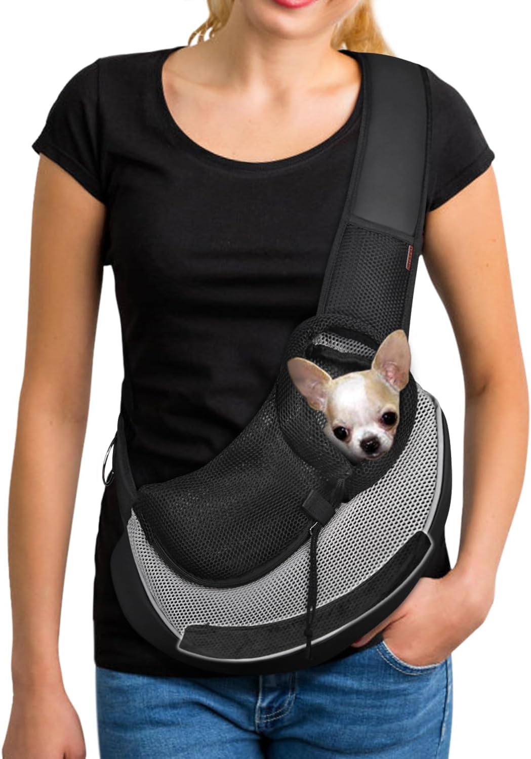 YUDODO Pet Sling Carrier for Small Dogs & Cats – Hands-Free Puppy Carrier with Safety Hook, Large Zipper Pocket, Soft Breathable Mesh, Adjustable Strap & Reflective Strip (Gray 3.0 M)