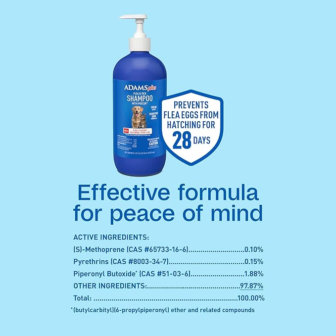 Adams Plus Flea & Tick Shampoo with Precor for Cats, Kittens, Dogs & Puppies Over 12 Weeks Of Age |Sensitive Skin Flea Treatment |Kills Adult Fleas, Flea Eggs, Ticks, and Lice |24 Oz, Pump Included