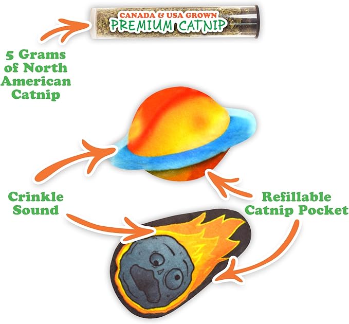 Meowijuana Refillable Cat Toys | Get Spacey - Planet and Meteor Catnip Toys | Includes Potent Hand Harvested Catnip Grown in North America | Promotes Play and Cat Health
