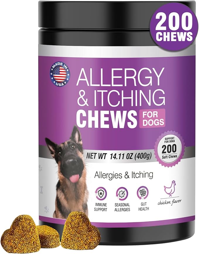 Dog Allergy Chews - Dog Allergy and Itching Skin Relief Anti Itch Aller Immune Bites for Dogs Licking Paws Relief Itchy Chew Probiotics Vitamins for Skin and Coat Allergies - (Chicken, 200 Ct)