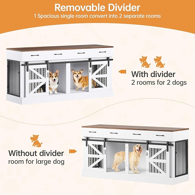 Extra Large Dog Crate Furniture for 2 Dogs, 71'' Dog Kennel Indoor with Removable Divider and 4 Storage Drawers, Sturdy Wooden Dog Crate TV Stand with 4 Doors for Large Medium Small Dogs
