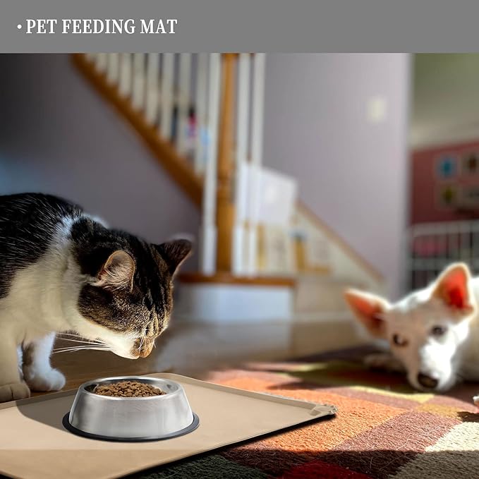 Waterproof Pet Feeding Mat with High Raised Edges, Heavier and Thicker Placemats for Cat Dog Water Bowl with BPA Free, Dogs Cats Food Mats for Messy Drinkers to Prevent Spill and Protect Floors