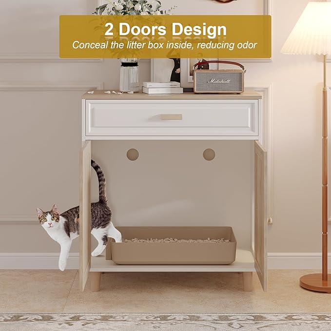 Cat Litter Box Enclosure Furniture Hidden Indoor 2-in-1 Wooden Cat House & Washroom Cabinet with Scratching Board Doors and Drawer, 31.5"x15.7"x34.6"H