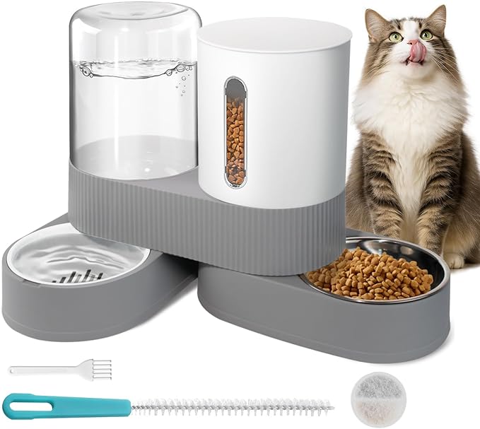 Automatic Gravity Cat Dog Feeder and Water Dispenser with 304 Stainless Steel Bowls 2 in 1 360 Degree Rotatable Auto 2.4L Dry Food and 2.6L Water Bowl for Small Medium Pet Dog Puppy Kitten (Gray)