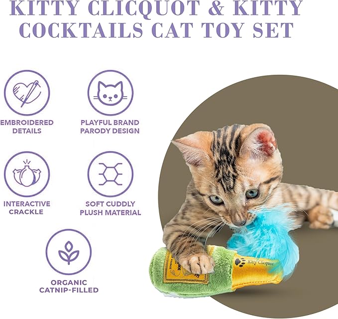 Clicquot Champagne & Caviar + Kitty Cocktails Apawrol Spritz & Cattini Set, Plush Cat Toys Catnip Filled with Interactive Crackle Sound, Safe, Durable Toys for Cat & Kitten, 4 Pcs