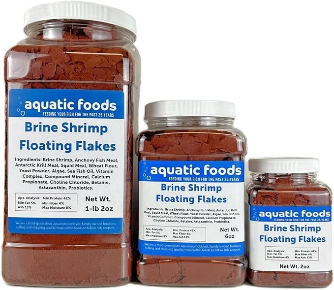 Aquatic Foods Inc. Brine Shrimp Flakes for Freshwater Cichlids, Angels, Live Bearers, Tetras, Guppies, Marine Tangs, Butterflies, Angelfish, Anthias, Clown Fish...WL 1-lb 2oz Lg Jar
