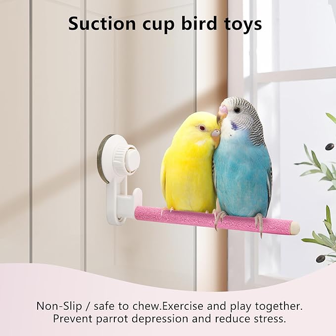 Suction Cup Bird Perch,Wooden Parrot Window/Mirror/Car/Travel/Shower Perches Stand Quartz Portable Parakeet Grinding Stick Training Toys for Small and Medium Birds(Pink)