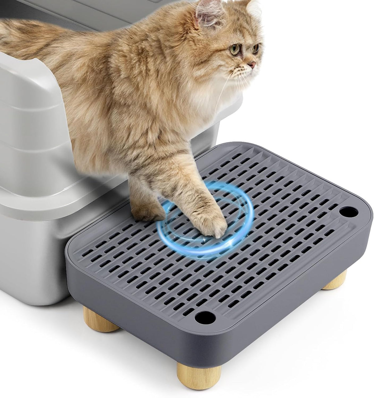 Cat Litter Box Step Ramp, Cat Litter Catcher Mat with Wooden Feet, Filter Function, Cat Pedal Stool for Self-Cleaning Cat Litter Box, Ideal for Kitten & Elderly Cats (Dark Grey)