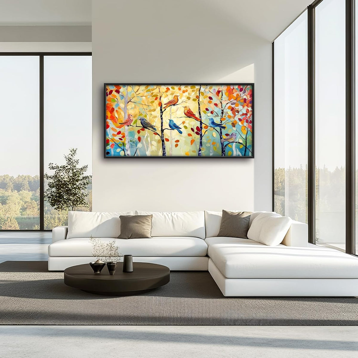 Extra Large Framed Abstract Bird Forest Wall Art,Colorful Birds Birch Tree Wall Decor Pictures for Living Room,Canvas Print Painting Modern Artwork Bedroom Office Bathroom Home Decor 60L x 30W