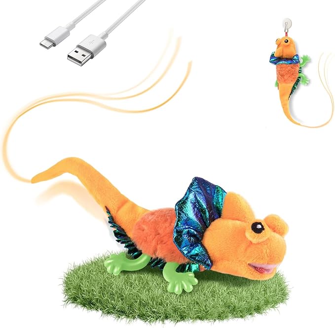 Migipaws Cat Toys, Touch Activated Flapping Chirping Lizard Kitten Toy with Catnip for Indoor Cats Kicker, Rechargeable (Orange)