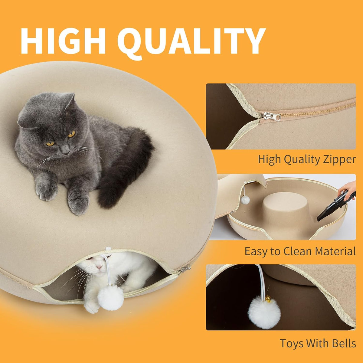 Jia Xi Cat Bed and Hideout, Large Indoor Cat Condo with Tunnel and Cave (24 inch, Beige)