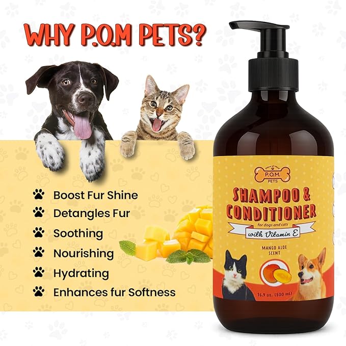 POM Pets 2-in-1 Organic Dog Shampoo & Conditioner – Itchy Skin Relief, Dog Deshedding, Detangles Fur, Cat Shampoo, Paw Cleaner for Dogs, Natural Coat Defense Formula