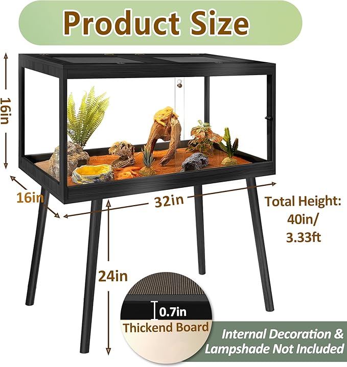 Prolee Tempered Glass Reptile Enclosure with Leg,32“ Scratch-Proof Bearded Dragon Tank,32 Gallon Lizard Tank with Metal Mesh Tops and Lockable Door,Spacious Reptile Habitat for Snake,Tortoises (Black)