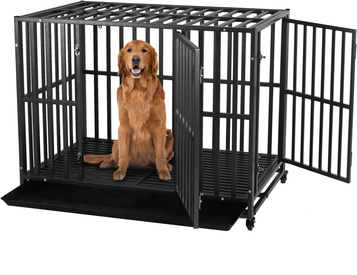 LUCKUP Heavy Duty Dog Crate-42 inch Large Metal Dog Cage with 2 Doors and 4 Wheels, Stackable Dog Kennel for Large & Medium Dogs, Removable Tray