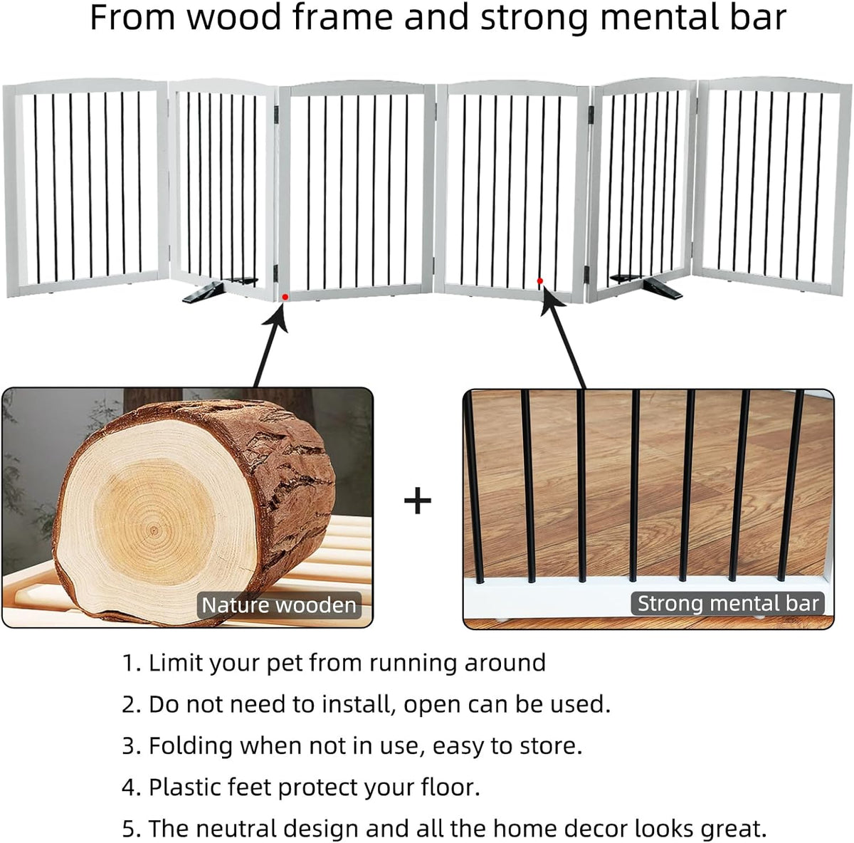 Freestanding Panel Dog Gate for Indoor, Doorways,Stairs, or Hallways,Foldable Wooden Dog Gates for House,Pet Gate for Dogs,Dog Fence, Puppy Gate,Support Feet Included,32 "Height-6 Panels,White