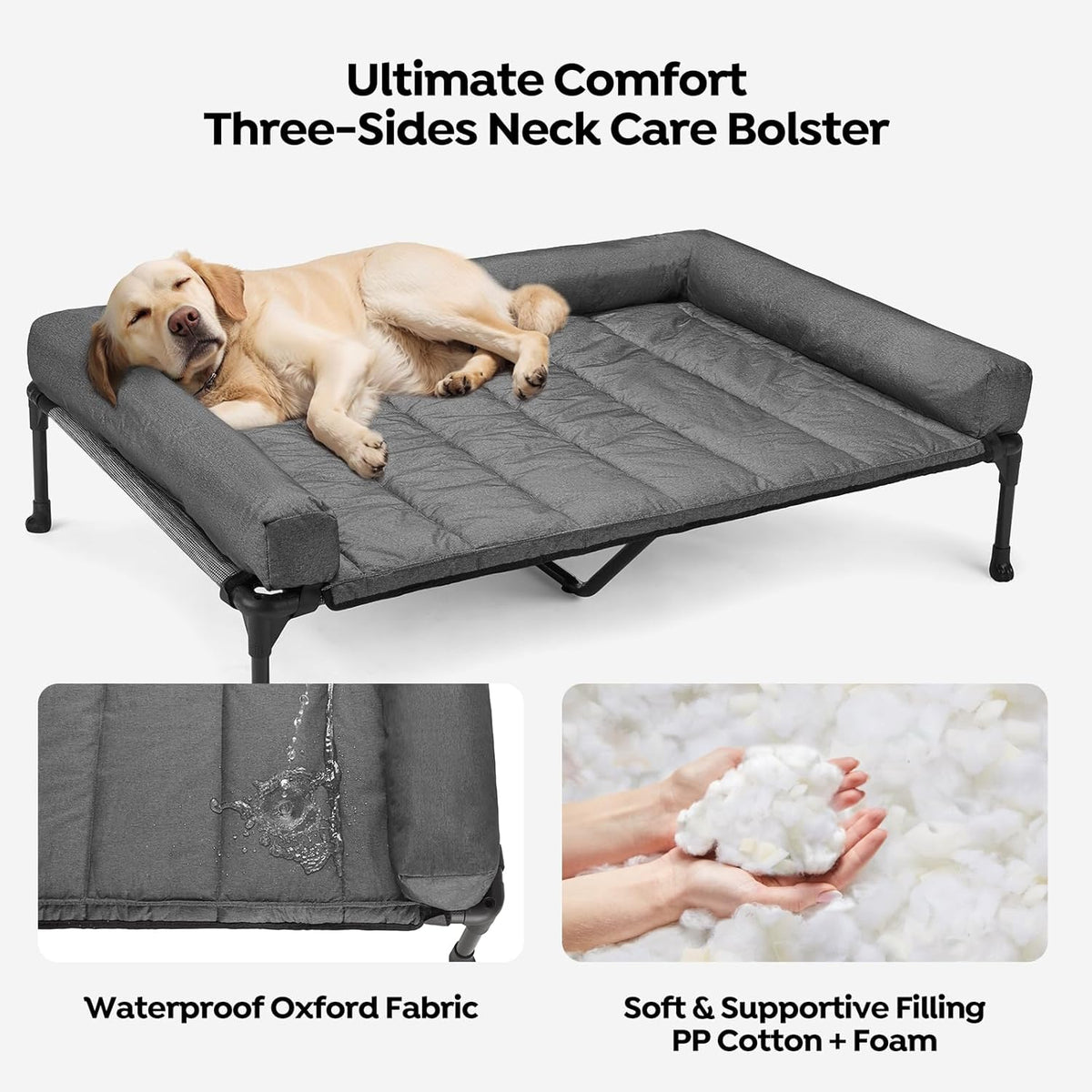 Veehoo Cooling Elevated Dog Bed Add Removable Waterproof Bolster Cushion Mat, Raised Pet Cot with Breathable Teslin Mesh, No-Slip Feet, Dog Couch Bed for Indoor Outdoor, 53 inches, Black Silver