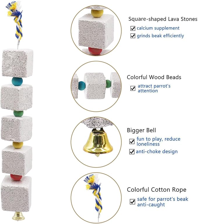 2 Pack Large Bird Chewing Toy, Parrot Beak Grinding Calcium Stone with Bells, Bird Cage Accessories, Cage Toys for Cockatiel Parakeet Parrot Budgies Rat Hamster Chinchilla Rabbit Bunny African Grey