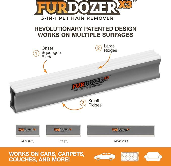 FurDozer X3 MEGA Pet Hair Remover & Auto Detailing Tool - Cat & Dog Hair Remover for Carpet, Car Interior, Couch, Bedding, & Furniture - Reusable Pet Hair Removal Tool for Dog Fur & Lint, 10", Grey