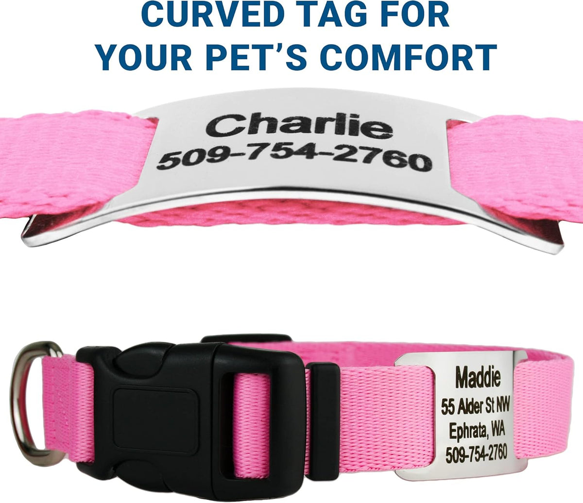 GoTags Personalized Dog Collar with Nameplate, Adjustable Dog Collar with Custom Engraved Slide On Pet ID Tag in Stainless Steel, Silent, No Noise Dog Tag for Large Medium and Small (Pink, Medium)