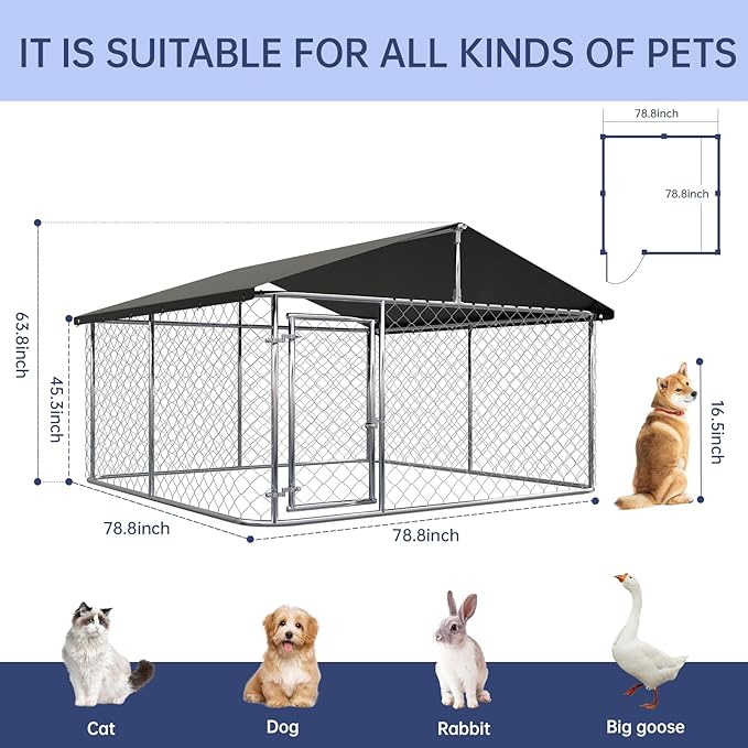 78"x 78" Outdoor Dog Enclosure Heavy Duty Dog Kennel House Mesh Dog Big Cage Pet Kennel Steel Fence with Secure Lock