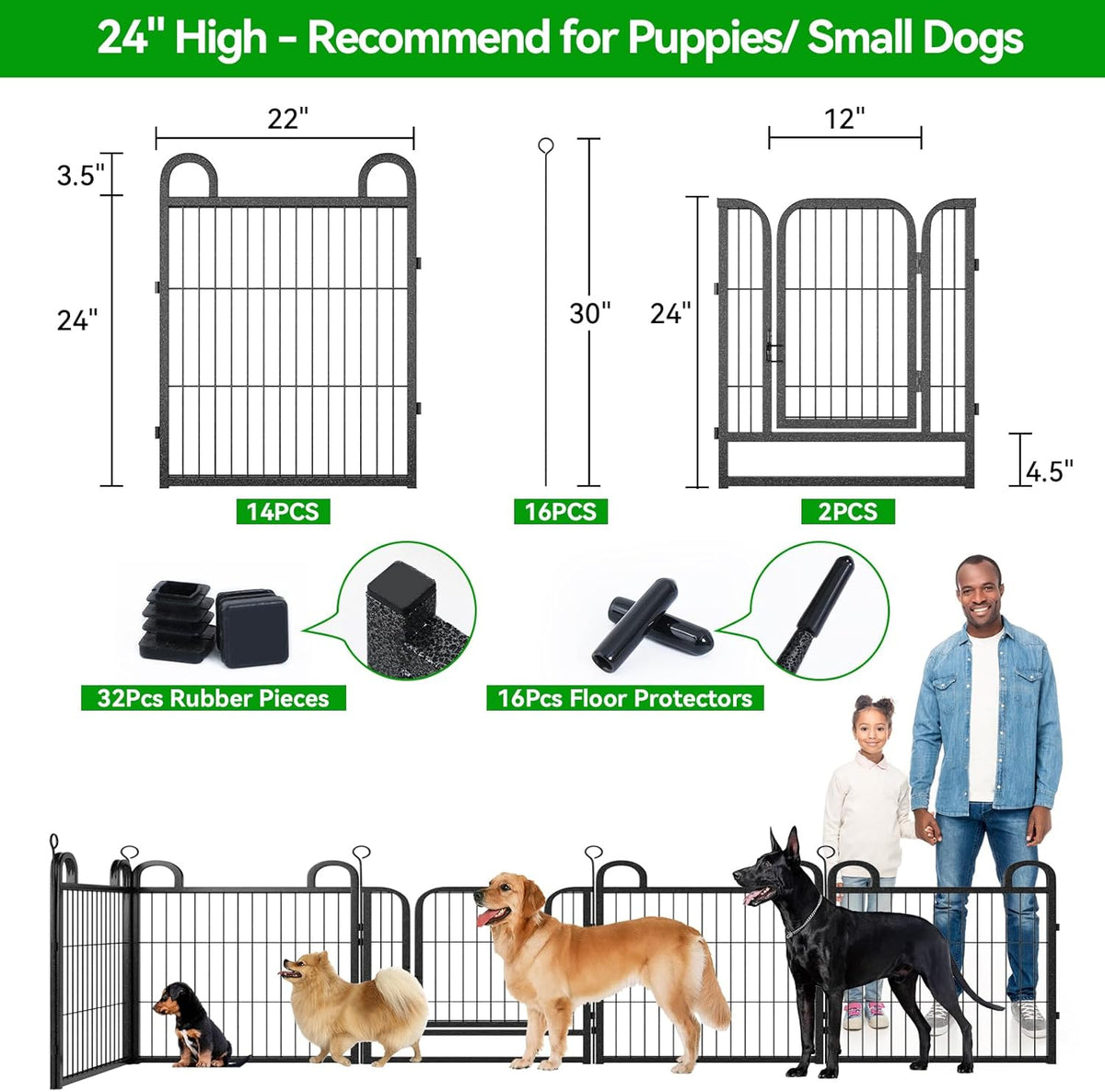Puppy Playpen 16 Panels Small Dog Fence Outdoor Indoor Use 24" Height Anti-Rust with Doors Portable Dog Play Pen for RV Camping Yard, Total 29FT, 68 Sq.ft, Snowy Black